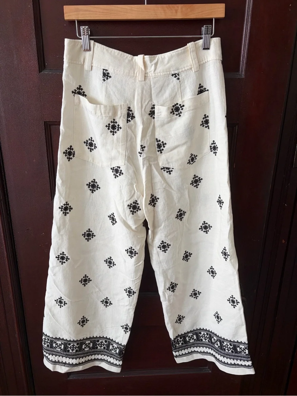 Zara Cream Wide-Leg Linen Embroidered Pants